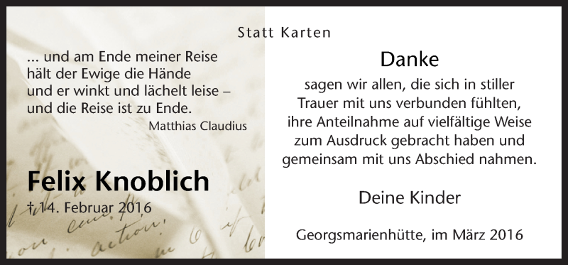  Traueranzeige für Felix Knoblich vom 12.03.2016 aus Neue Osnabrücker Zeitung GmbH & Co. KG