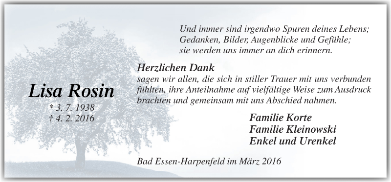  Traueranzeige für Lisa Rosin vom 19.03.2016 aus Neue Osnabrücker Zeitung GmbH & Co. KG