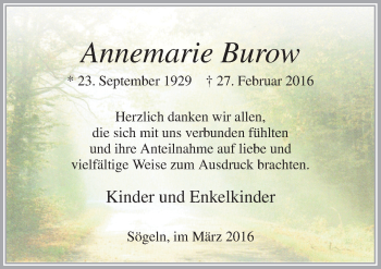 Traueranzeige von Annemarie Burow von Neue Osnabrücker Zeitung GmbH & Co. KG