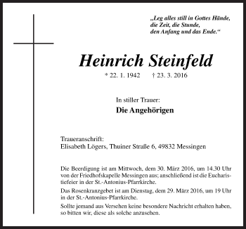 Traueranzeige von Heinrich Steinfeld von Neue Osnabrücker Zeitung GmbH & Co. KG