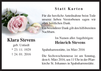 Traueranzeige von Klara Stevens von Neue Osnabrücker Zeitung GmbH & Co. KG