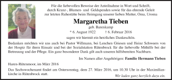 Traueranzeige von Margaretha Tieben von Neue Osnabrücker Zeitung GmbH & Co. KG