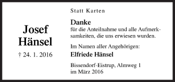 Traueranzeige von Josef Hänsel von Neue Osnabrücker Zeitung GmbH & Co. KG