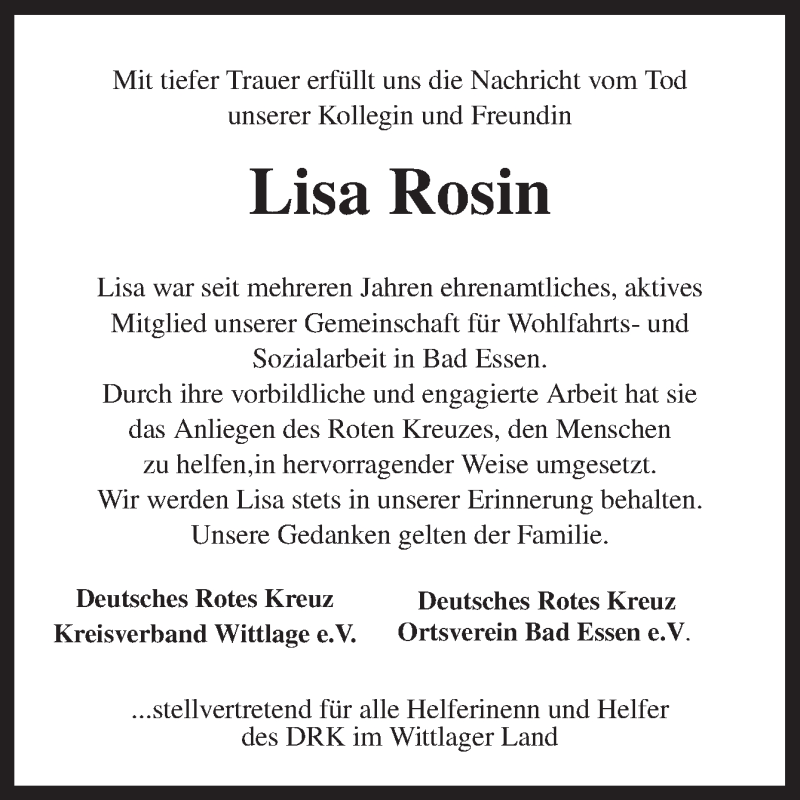  Traueranzeige für Lisa Rosin vom 12.03.2016 aus Neue Osnabrücker Zeitung GmbH & Co. KG