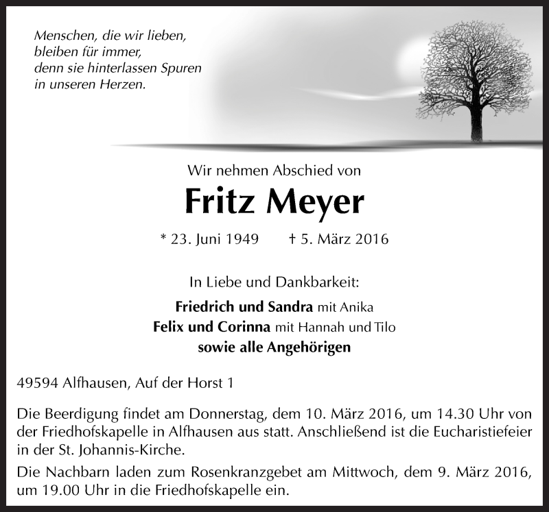  Traueranzeige für Fritz Meyer vom 08.03.2016 aus Neue Osnabrücker Zeitung GmbH & Co. KG