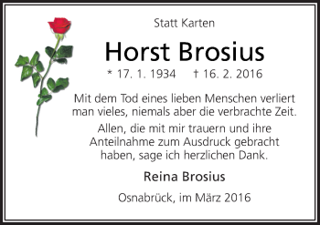 Traueranzeige von Horst Brosius von Neue Osnabrücker Zeitung GmbH & Co. KG