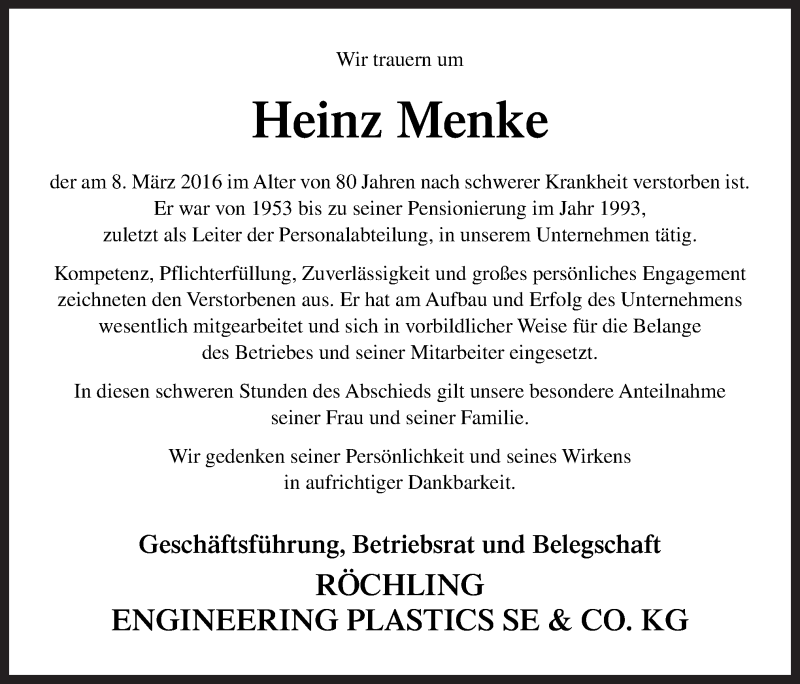  Traueranzeige für Heinz Menke vom 11.03.2016 aus Neue Osnabrücker Zeitung GmbH & Co. KG