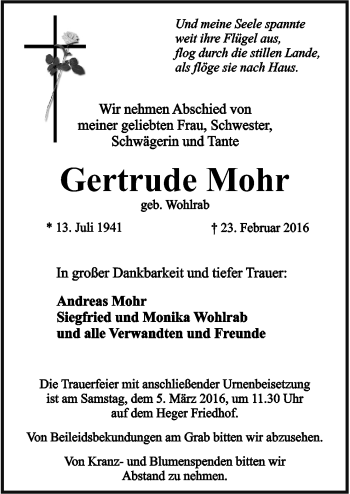 Traueranzeige von Gertrude Mohr von Neue Osnabrücker Zeitung GmbH & Co. KG