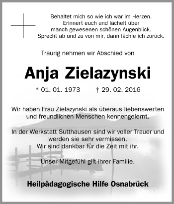 Traueranzeige von Anja Zielazynski von Neue Osnabrücker Zeitung GmbH & Co. KG