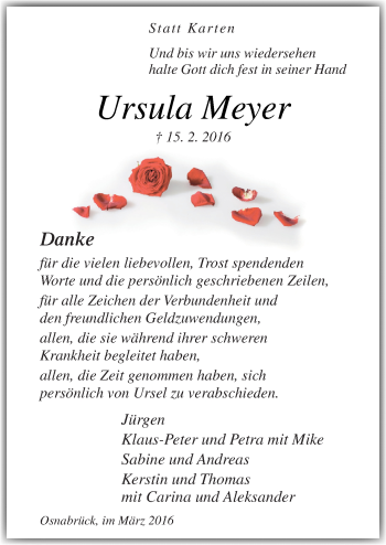 Traueranzeige von Ursula Meyer von Neue Osnabrücker Zeitung GmbH & Co. KG