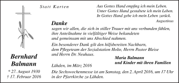 Traueranzeige von Bernhard Balmann von Neue Osnabrücker Zeitung GmbH & Co. KG