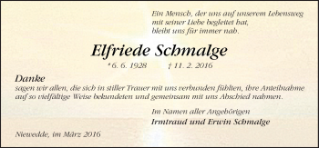 Traueranzeige von Elfriede Schmalge von Neue Osnabrücker Zeitung GmbH & Co. KG