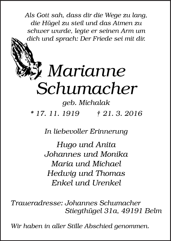 Traueranzeigen von Marianne Schumacher | noz Trauerportal