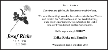 Traueranzeige von Josef Ricke von Neue Osnabrücker Zeitung GmbH & Co. KG