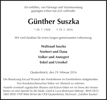 Traueranzeige von Günther Suszka von Neue Osnabrücker Zeitung GmbH & Co. KG