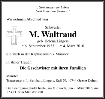 Traueranzeige von M. Waltraud  von Neue Osnabrücker Zeitung GmbH & Co. KG