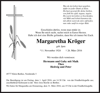 Traueranzeige von Margaretha Kröger von Neue Osnabrücker Zeitung GmbH & Co. KG