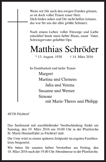 Traueranzeige von Matthias Schröder von Neue Osnabrücker Zeitung GmbH & Co. KG