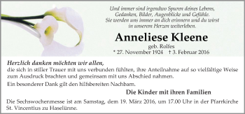 Traueranzeige von Anneliese Kleene von Neue Osnabrücker Zeitung GmbH & Co. KG