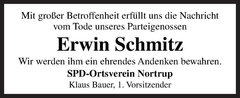  Traueranzeige für Erwin Schmitz vom 18.03.2016 aus Neue Osnabrücker Zeitung GmbH & Co. KG
