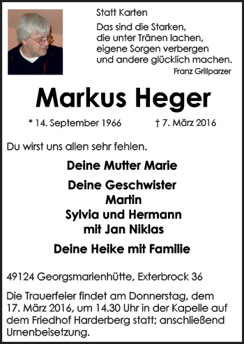 Traueranzeige von Markus Heger von Neue Osnabrücker Zeitung GmbH & Co. KG