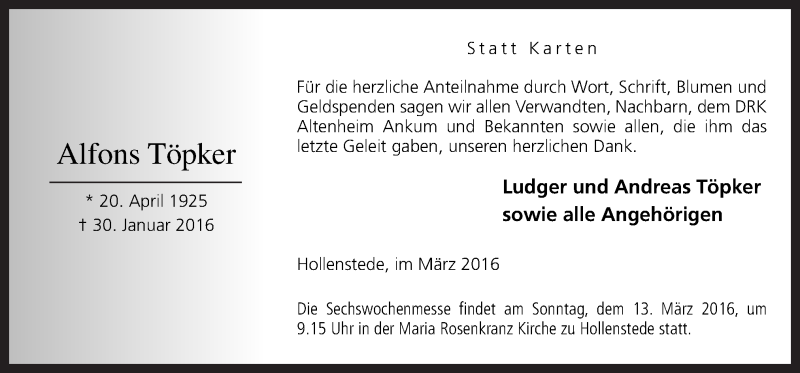  Traueranzeige für Alfons Töpker vom 05.03.2016 aus Neue Osnabrücker Zeitung GmbH & Co. KG