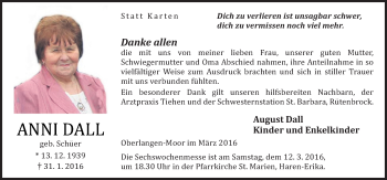 Traueranzeige von Anni Dall von Neue Osnabrücker Zeitung GmbH & Co. KG