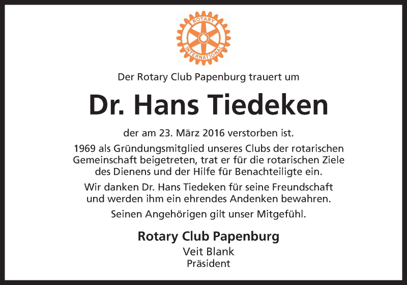  Traueranzeige für Hans Tiedeken vom 29.03.2016 aus Neue Osnabrücker Zeitung GmbH & Co. KG