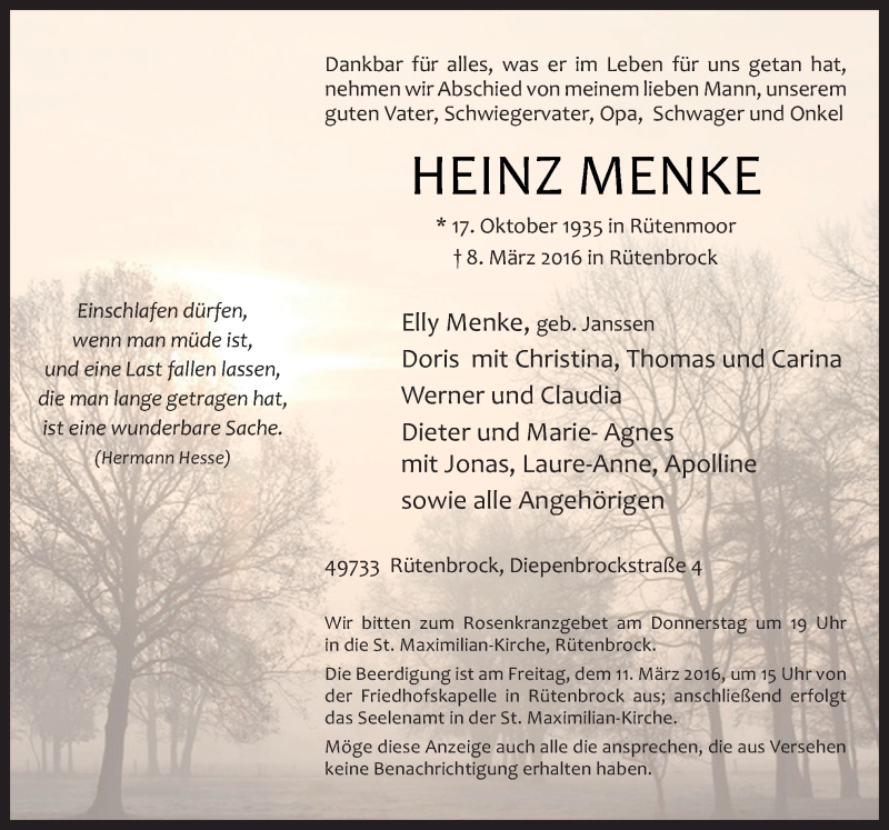  Traueranzeige für Heinz Menke vom 09.03.2016 aus Neue Osnabrücker Zeitung GmbH & Co. KG