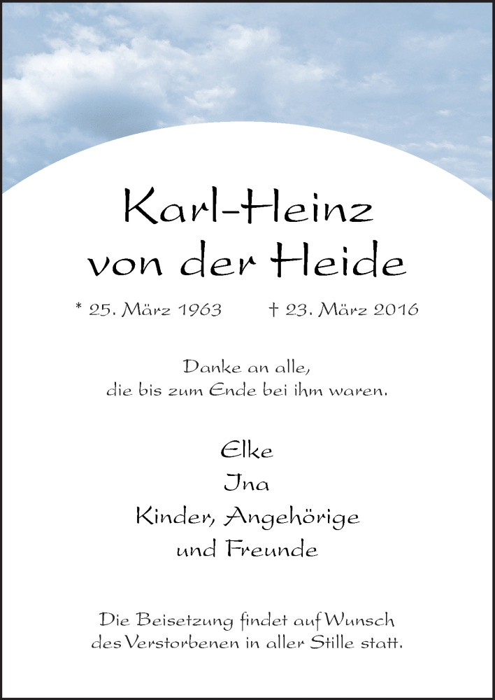  Traueranzeige für Karl-Heinz von der Heide vom 26.03.2016 aus Neue Osnabrücker Zeitung GmbH & Co. KG