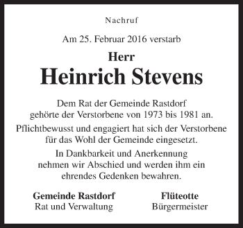 Traueranzeige von Heinrich Stevens von Neue Osnabrücker Zeitung GmbH & Co. KG