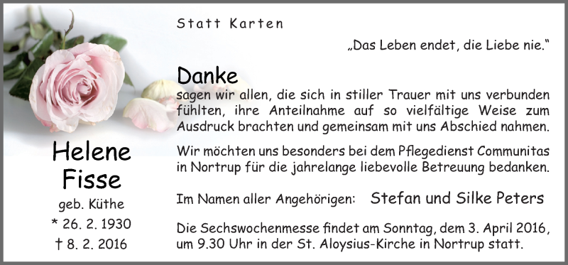  Traueranzeige für Helene Fisse vom 26.03.2016 aus Neue Osnabrücker Zeitung GmbH & Co. KG