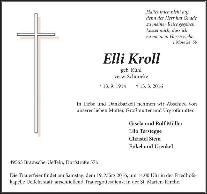 Traueranzeige für Elli Kroll vom 16.03.2016 aus Neue Osnabrücker Zeitung GmbH & Co. KG