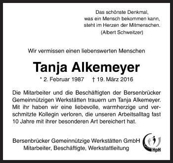 Traueranzeige von Tanja Alkemeyer von Neue Osnabrücker Zeitung GmbH & Co. KG