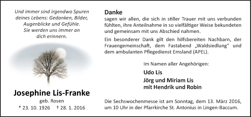  Traueranzeige für Josephine Lis-Franke vom 08.03.2016 aus Neue Osnabrücker Zeitung GmbH & Co. KG