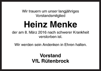 Traueranzeige von Heinz Menke von Neue Osnabrücker Zeitung GmbH & Co. KG