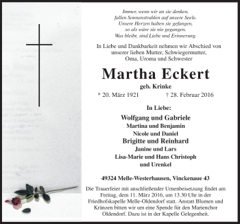 Traueranzeige von Martha Eckert von Neue Osnabrücker Zeitung GmbH & Co. KG