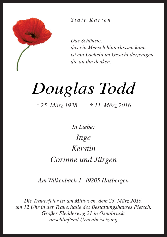  Traueranzeige für Douglas Todd vom 19.03.2016 aus Neue Osnabrücker Zeitung GmbH & Co. KG
