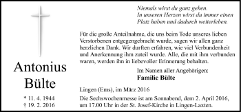 Traueranzeige von Antonius Bülte von Neue Osnabrücker Zeitung GmbH & Co. KG