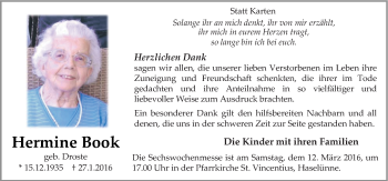 Traueranzeige von Hermine Book von Neue Osnabrücker Zeitung GmbH & Co. KG