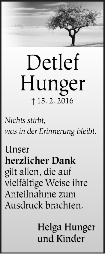 Traueranzeige von Detlef Hunger von Neue Osnabrücker Zeitung GmbH & Co. KG