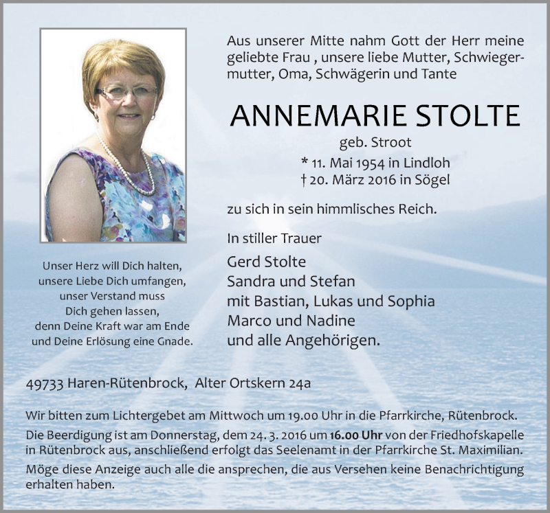  Traueranzeige für Annemarie Stolte vom 22.03.2016 aus Neue Osnabrücker Zeitung GmbH & Co. KG