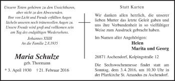 Traueranzeige von Maria Schulze von Neue Osnabrücker Zeitung GmbH & Co. KG