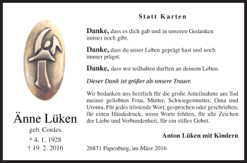 Traueranzeige von Änne Lüken von Neue Osnabrücker Zeitung GmbH & Co. KG