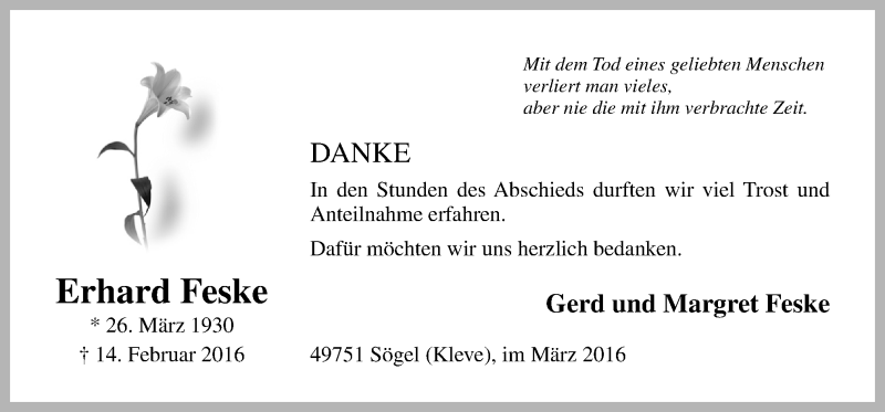  Traueranzeige für Erhard Feske vom 19.03.2016 aus Neue Osnabrücker Zeitung GmbH & Co. KG