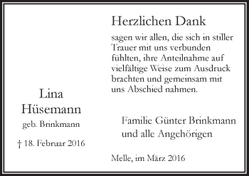 Traueranzeige von Lina Hüsemann von Neue Osnabrücker Zeitung GmbH & Co. KG