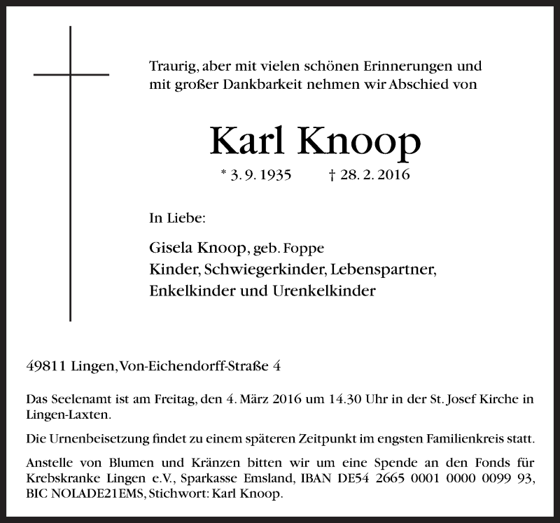  Traueranzeige für Karl Knoop vom 02.03.2016 aus Neue Osnabrücker Zeitung GmbH & Co. KG