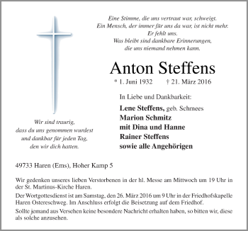 Traueranzeige von Anton Steffens von Neue Osnabrücker Zeitung GmbH & Co. KG