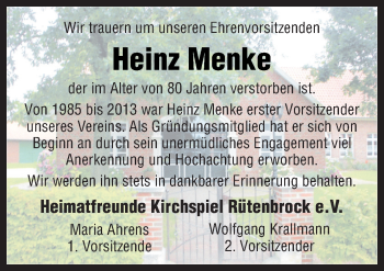 Traueranzeige von Heinz Menke von Neue Osnabrücker Zeitung GmbH & Co. KG