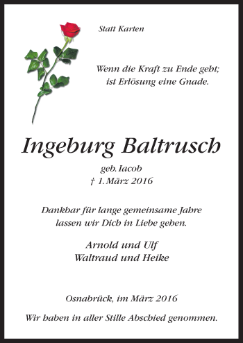 Traueranzeige von Ingeburg Baltrusch von Neue Osnabrücker Zeitung GmbH & Co. KG